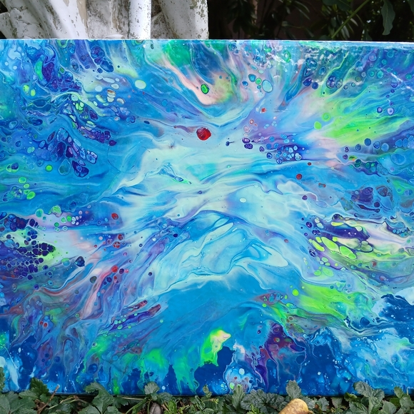 "Jungle Brain Waves" Absract Acrylic Paint Poured (12"x16") Stretched Canvas - Picture 1 of 9